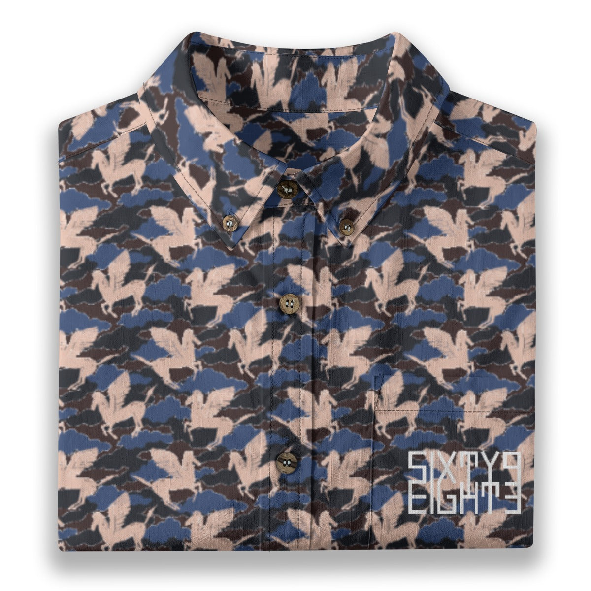 Sixty Eight 93 Logo White & Black Pegasus Cotton Button Up Shirt
