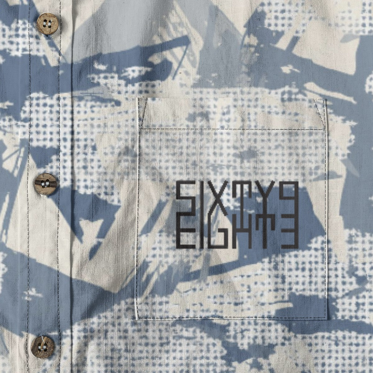 Sixty Eight 93 Logo Black Camo Blue & Grey Cotton Button Up Shirt