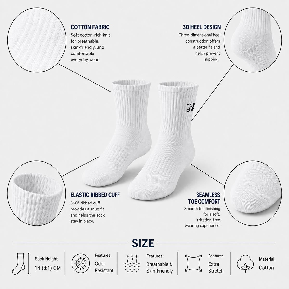 Sixty Eight 93 Logo Black White Embroidery Cotton Sports Quarter Socks
