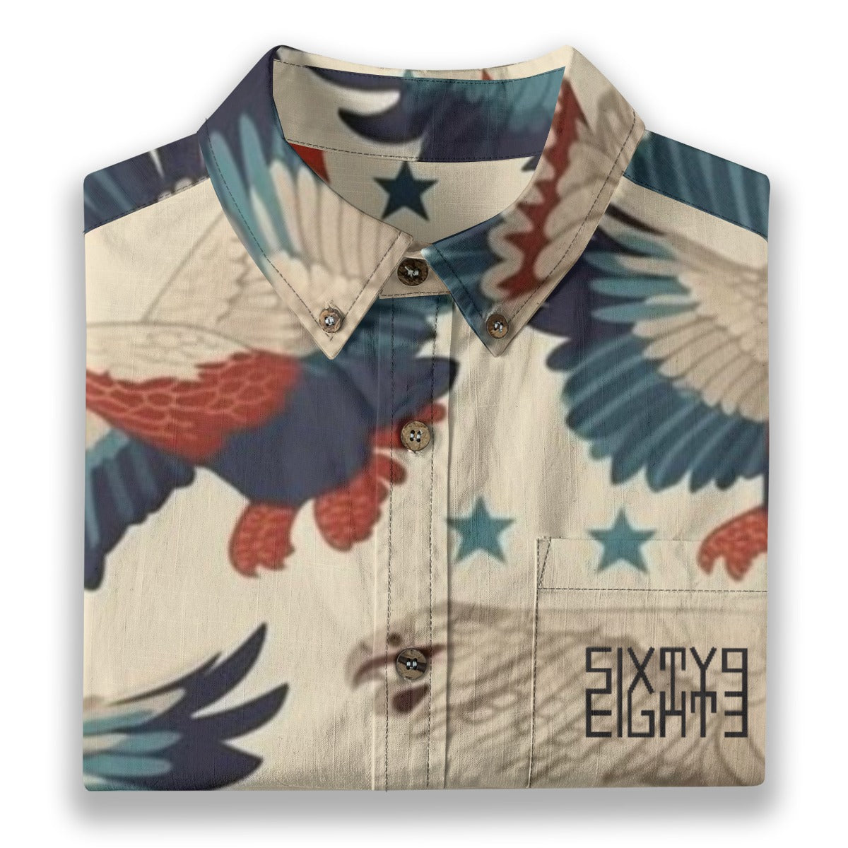 Sixty Eight 93 Logo Black Star and Eagles Cotton Button Up Shirt