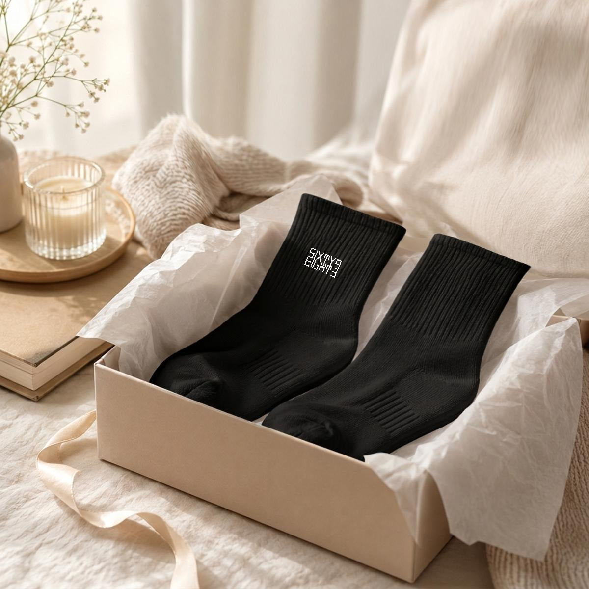 Sixty Eight 93 Logo White Black Embroidery Cotton Sports Quarter Socks