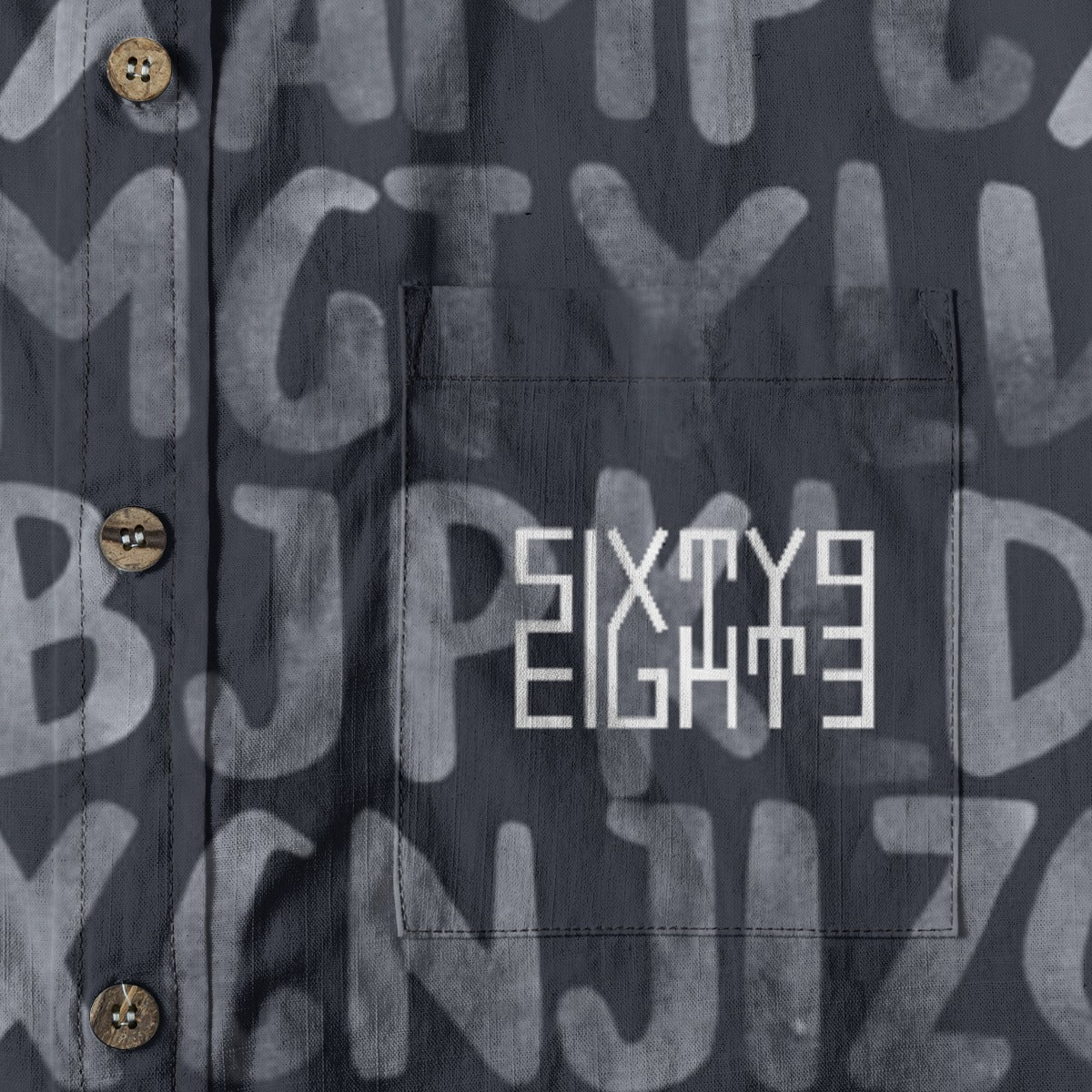 Sixty Eight 93 Logo White Alphabet Gray Cotton Button Up Shirt