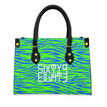 Sixty Eight 93 Logo White Zebra Blueberry Lime Women's Tote Bag With Black Handle