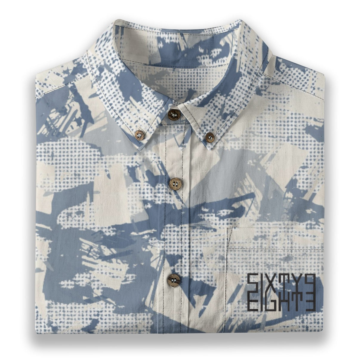 Sixty Eight 93 Logo Black Camo Blue & Grey Cotton Button Up Shirt