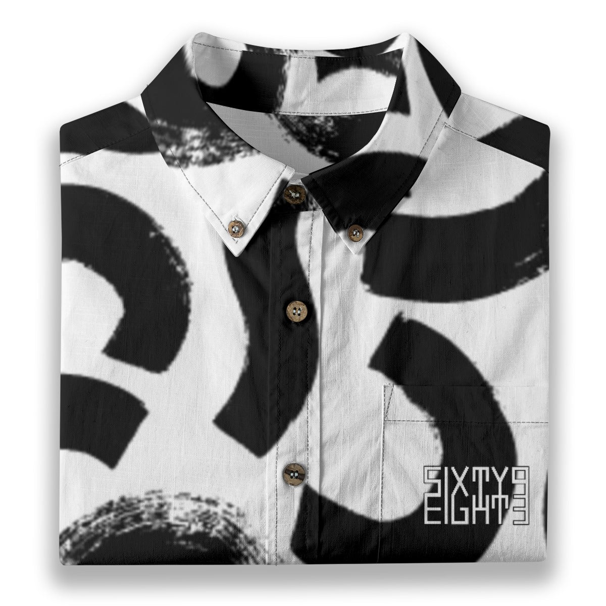 Sixty Eight 93 Logo White & Black Abstract Cotton Button Up Shirt