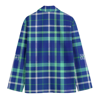 Sixty Eight 93 Checkered Blue & Sea Green Men's Casual Flat Lapel Collar Blazer