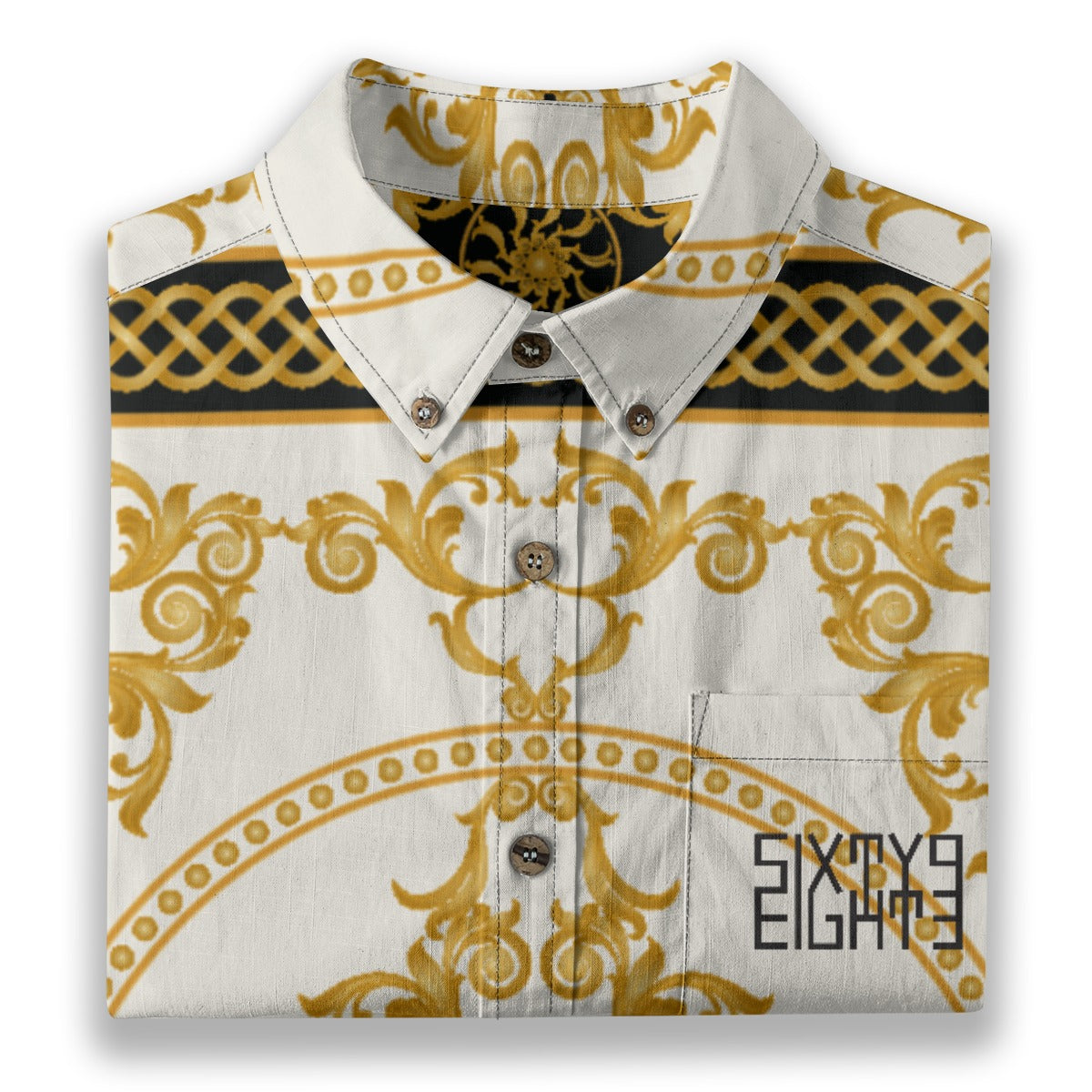 Sixty Eight 93 Logo Black Majestic White Gold Cotton Button Up Shirt