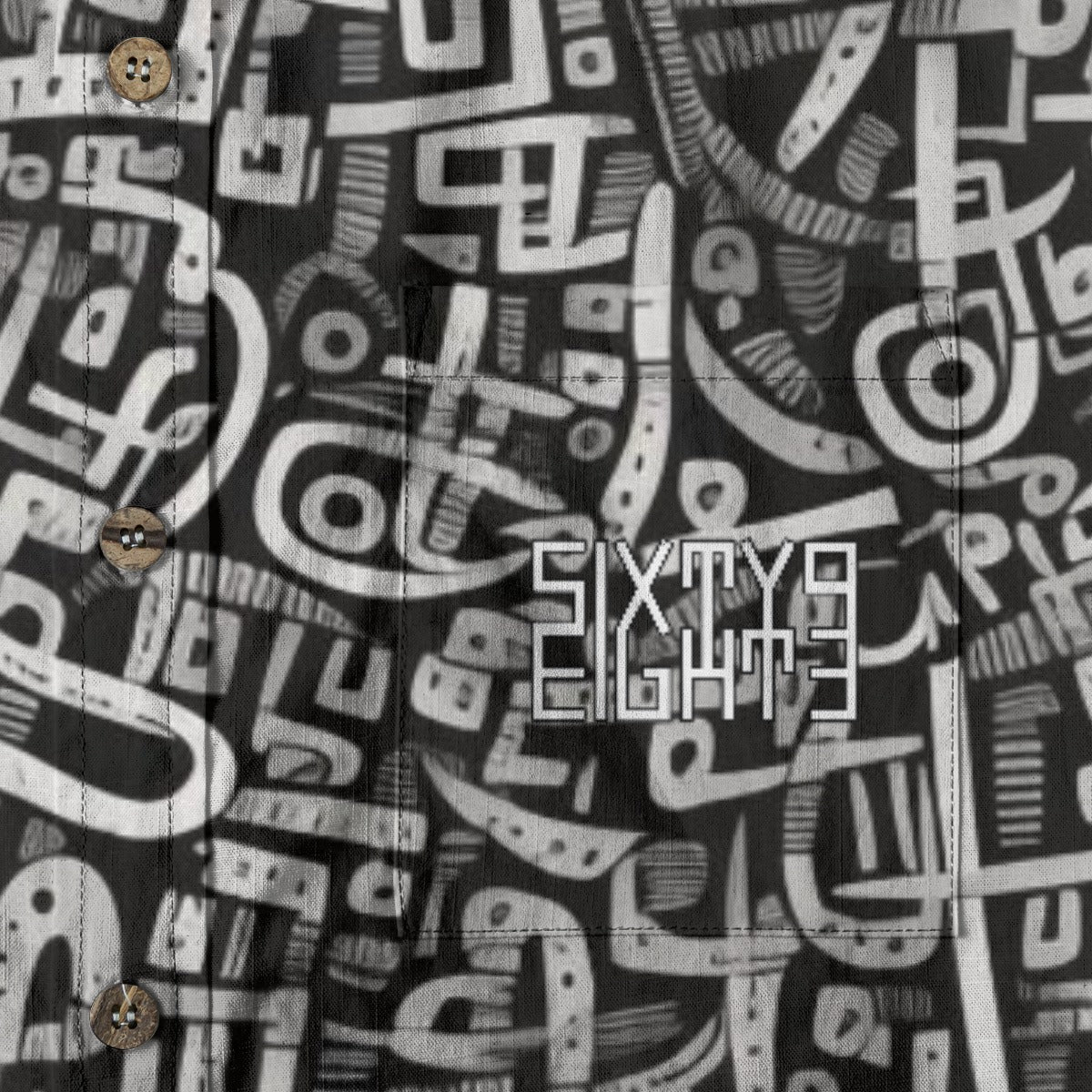 Sixty Eight 93 Logo White & Black Abstraction Cotton Button Up Shirt