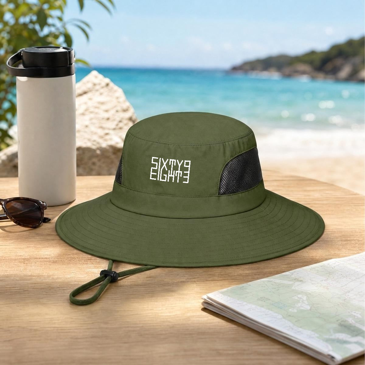 Sixty Eight 93 Logo White UPF 50+ Wide Brim Outdoor Sun Hat