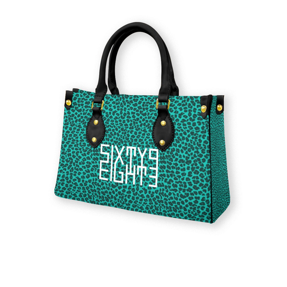 Sixty Eight 93 Logo White Cheetah Aqua Blue Women's Tote Bag With Black Handle