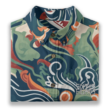Sixty Eight 93 Logo White & Black Eternal Dragon Cotton Button Up Shirt