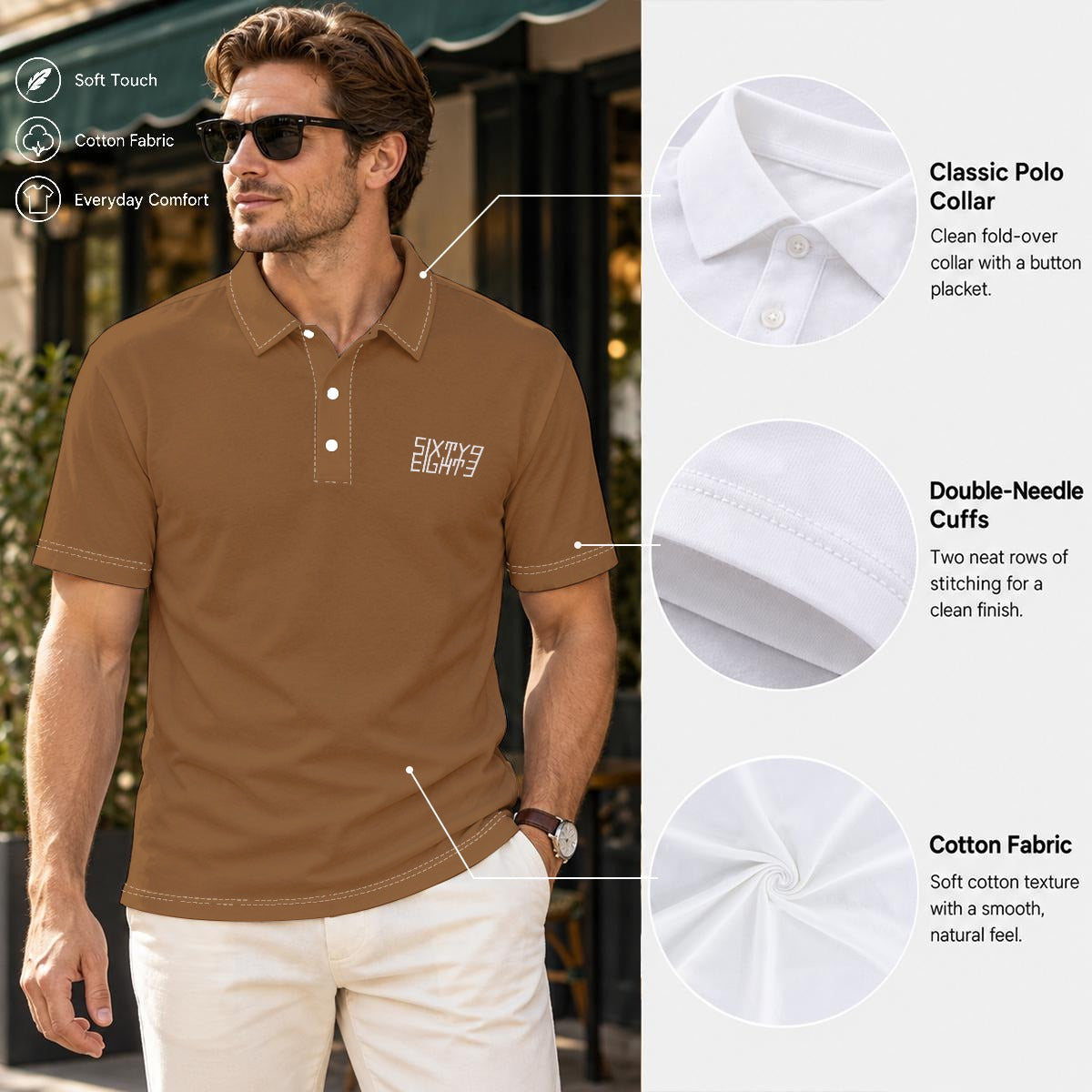Sixty Eight 93 Logo White Chocolate Brown Men's Cotton Polo Shirt