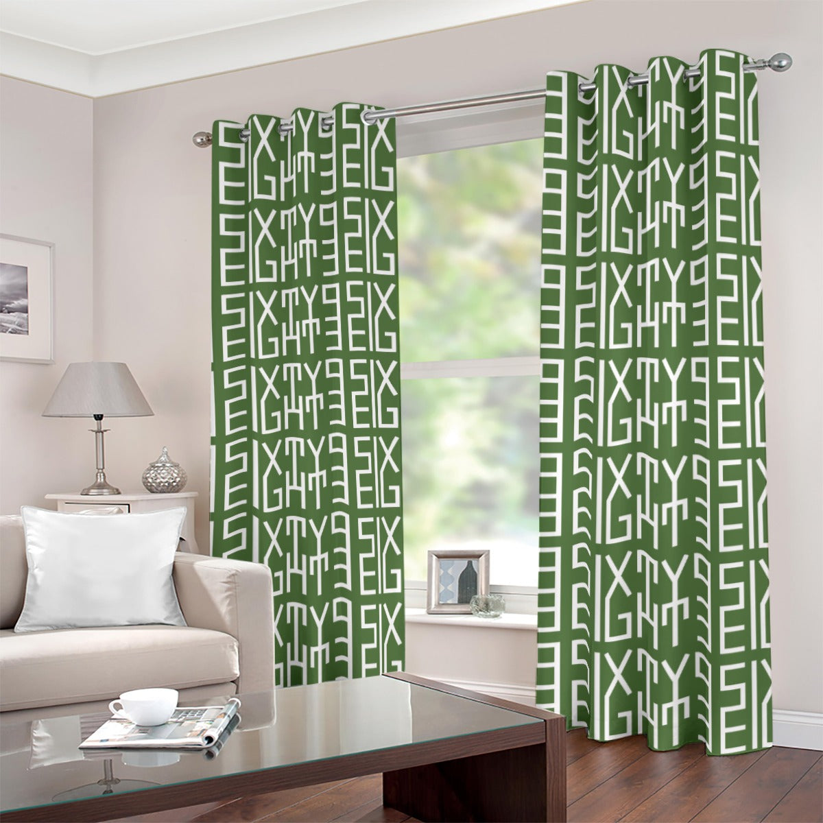 Sixty Eight 93 Infinity Logo White Forest Green Blackout Grommet Curtains