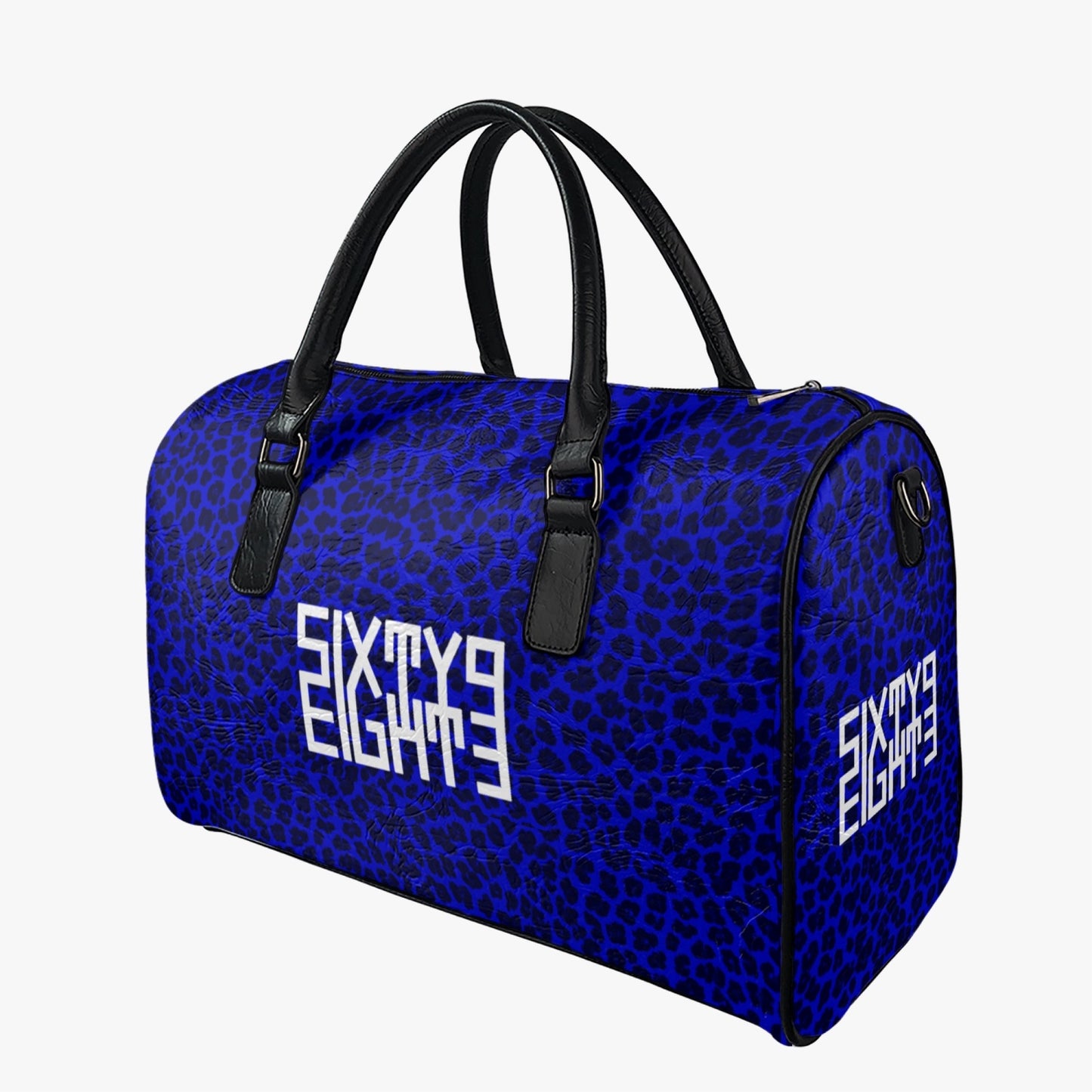 Sixty Eight 93 Logo White Cheetah Blue Leather Portable Travel Bag