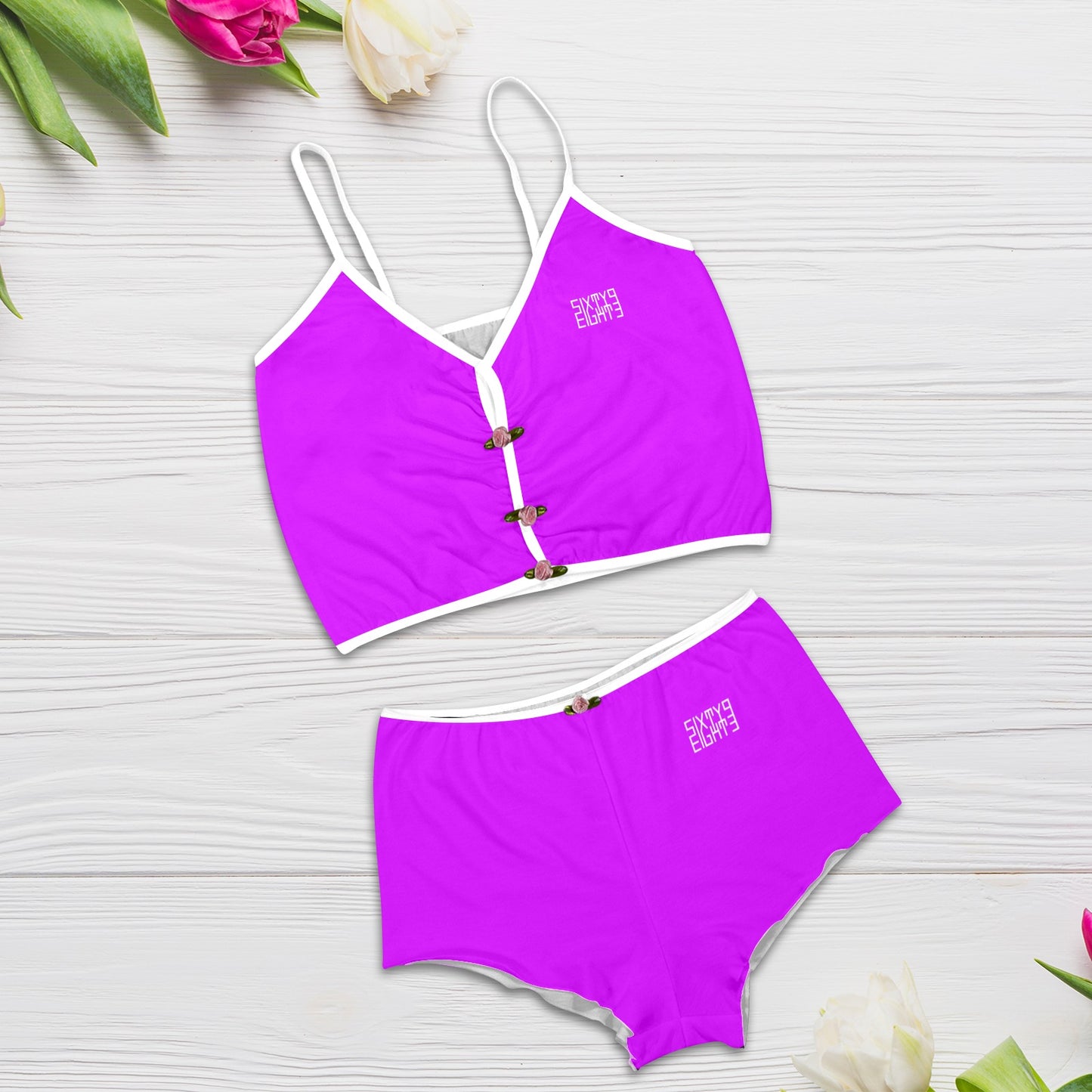 Sixty Eight 93 Logo White Grape Women's Rose Button Crop Cami Pajama Set