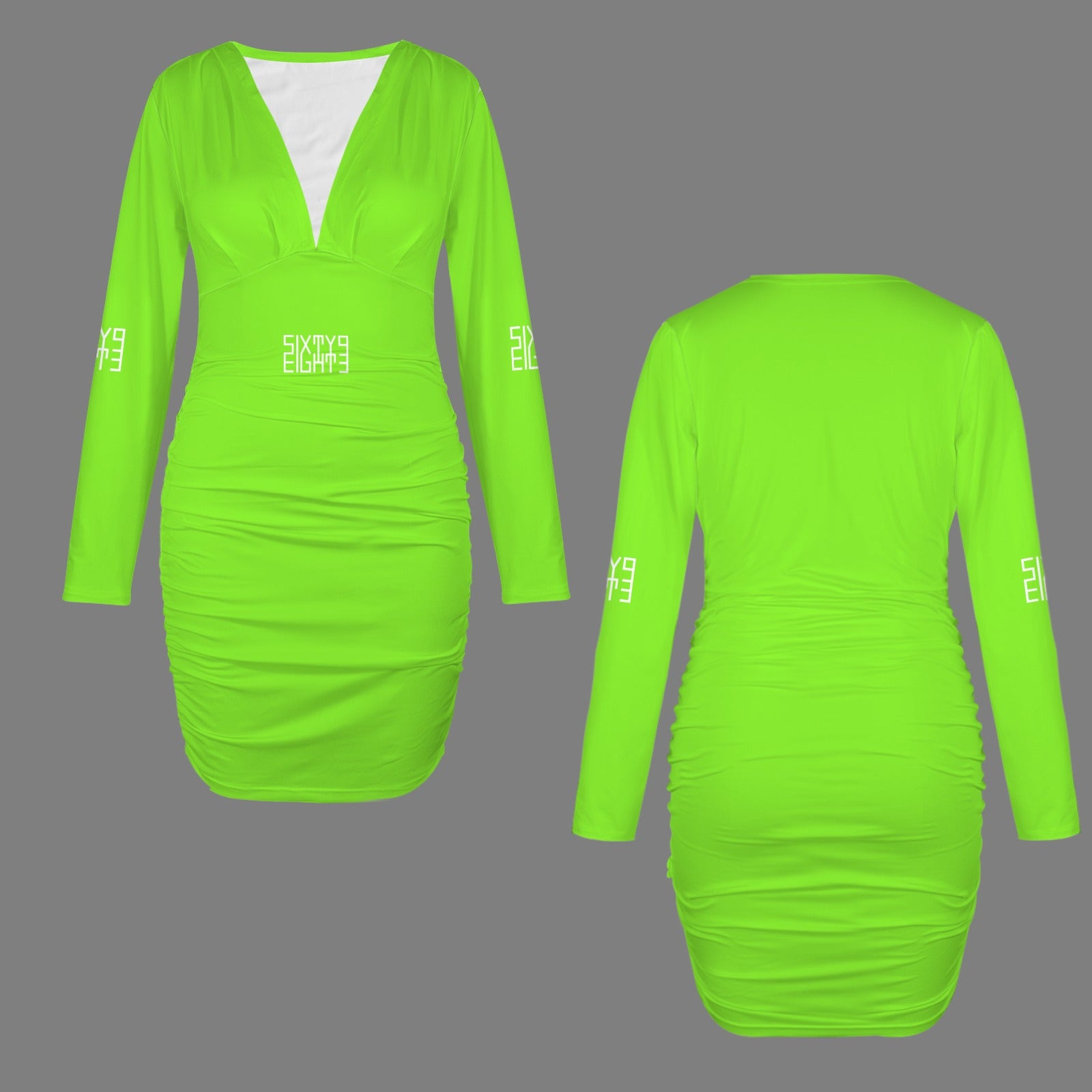 Sixty Eight 93 Logo White Lime Green Long Sleeve Deep V-Neck Ruched Bodycon Dress