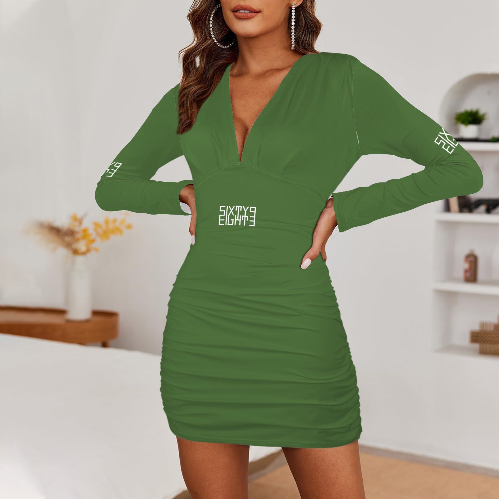 Sixty Eight 93 Logo White Forest Green Long Sleeve Deep V-Neck Ruched Bodycon Dress