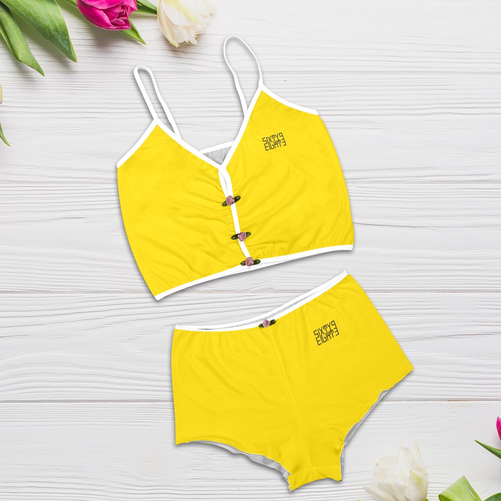 Sixty Eight 93 Logo Black Lemonade Women's Rose Button Crop Cami Pajama Set