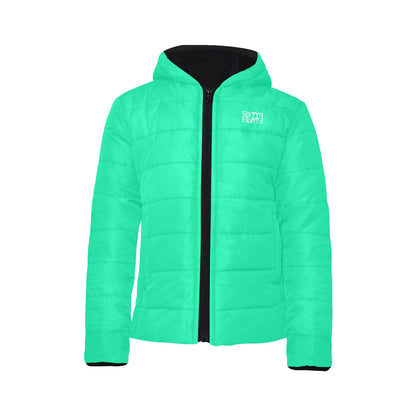 Sixty Eight 93 Logo White Sea Green Girl's Hooded Long Sleeve Cotton Padded Jacket