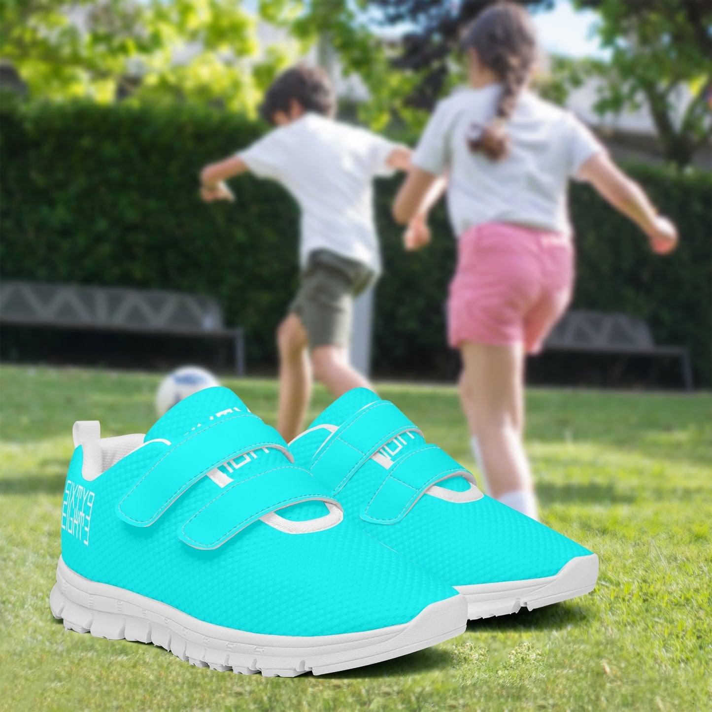 Sixty Eight 93 Logo White Aqua Blue Kids Lightweight Velcro Shoe