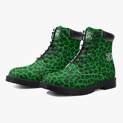 Sixty Eight 93 Logo White Cheetah Lime Green Leather Boots