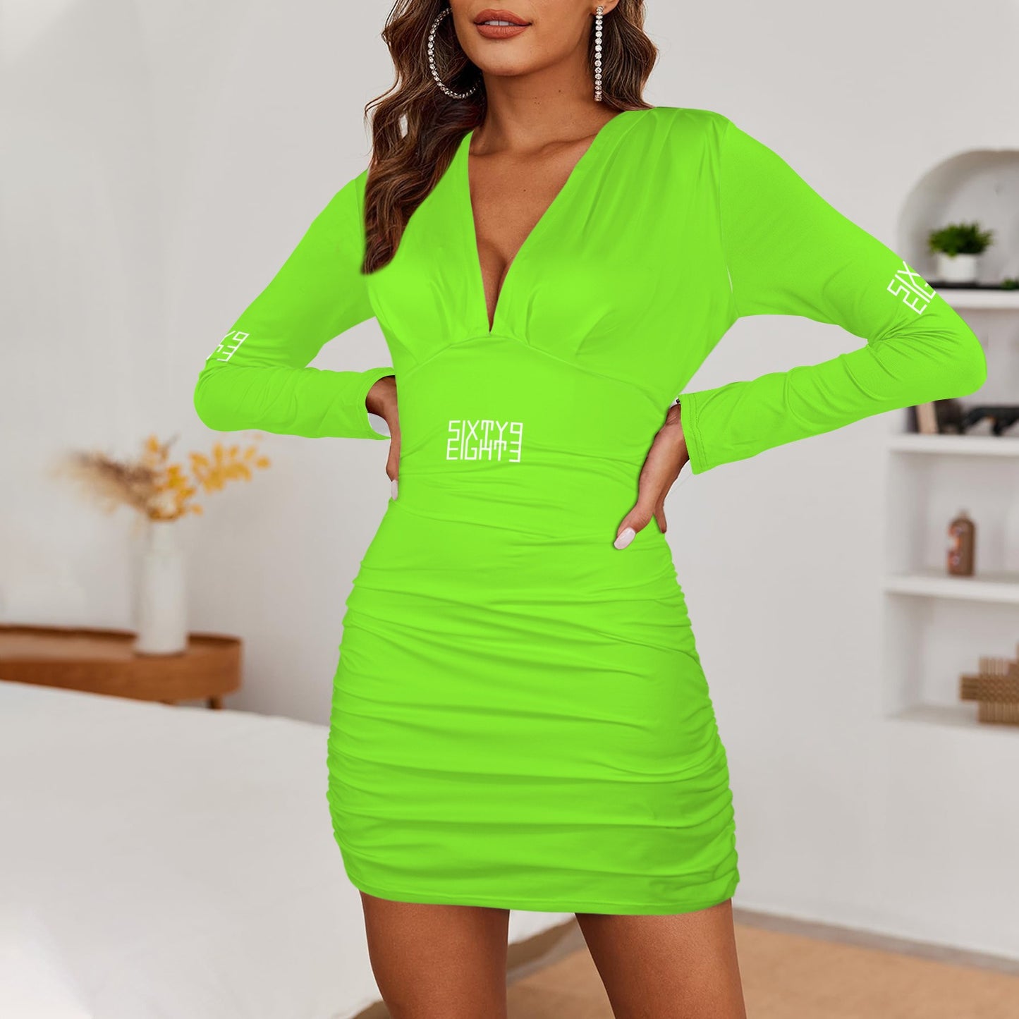 Sixty Eight 93 Logo White Lime Green Long Sleeve Deep V-Neck Ruched Bodycon Dress