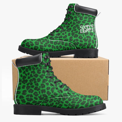 Sixty Eight 93 Logo White Cheetah Lime Green Leather Boots