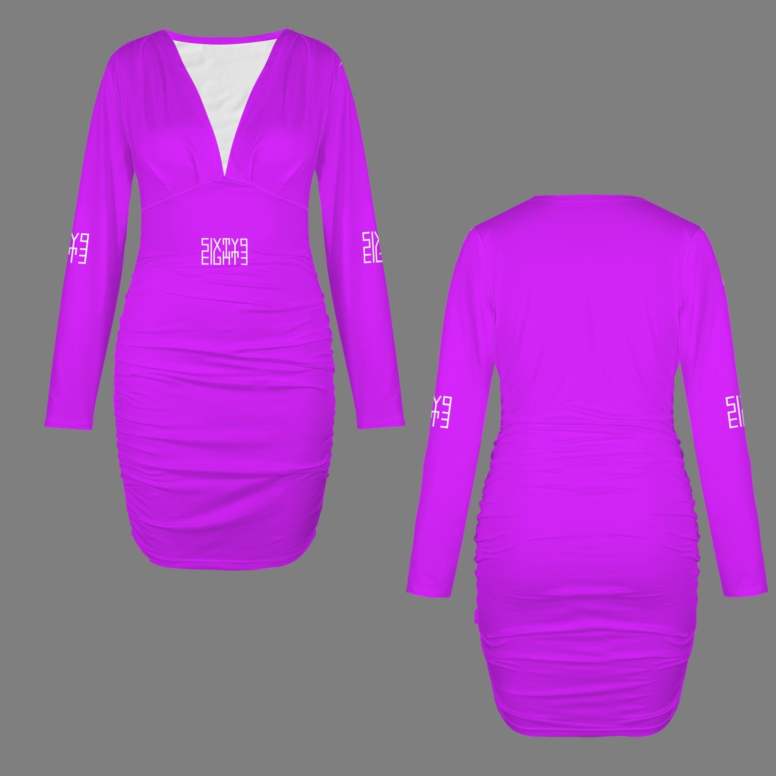 Sixty Eight 93 Logo White Grape Long Sleeve Deep V-Neck Ruched Bodycon Dress