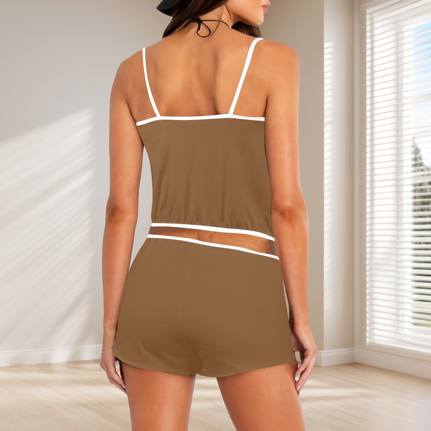 Sixty Eight 93 Logo White Chocolate Brown Women's Rose Button Crop Cami Pajama Set