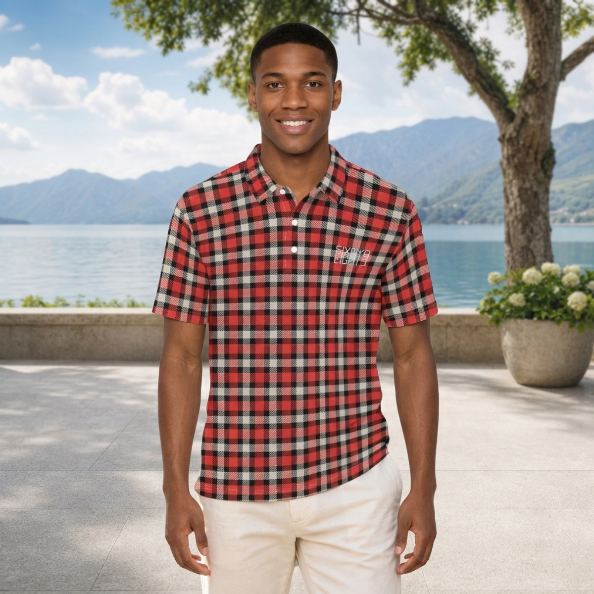 Sixty Eight 93 Logo White RBC Plaid Men's Cotton Polo Shirt