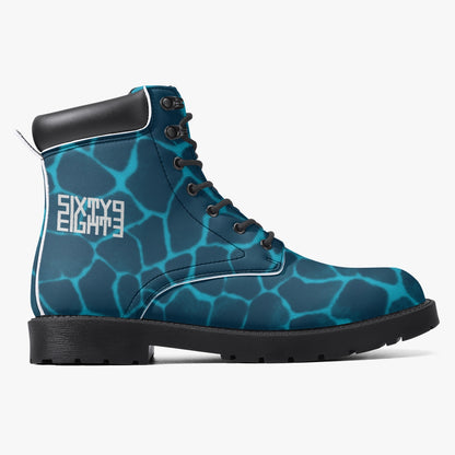 Sixty Eight 93 Logo White Boa Dark Teal Aqua Blue Leather Boots