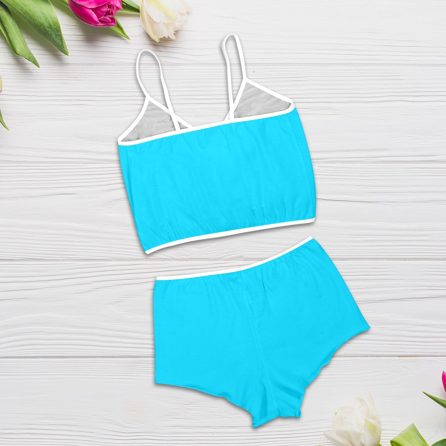 Sixty Eight 93 Logo White Aqua Blue Women's Rose Button Crop Cami Pajama Set