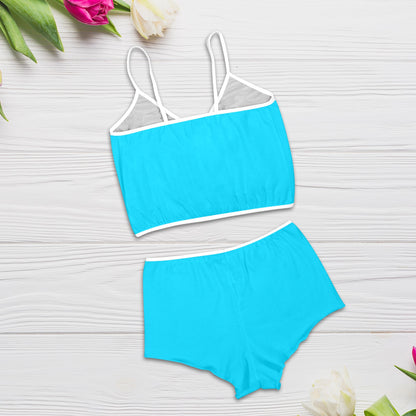 Sixty Eight 93 Logo White Aqua Blue Women's Rose Button Crop Cami Pajama Set