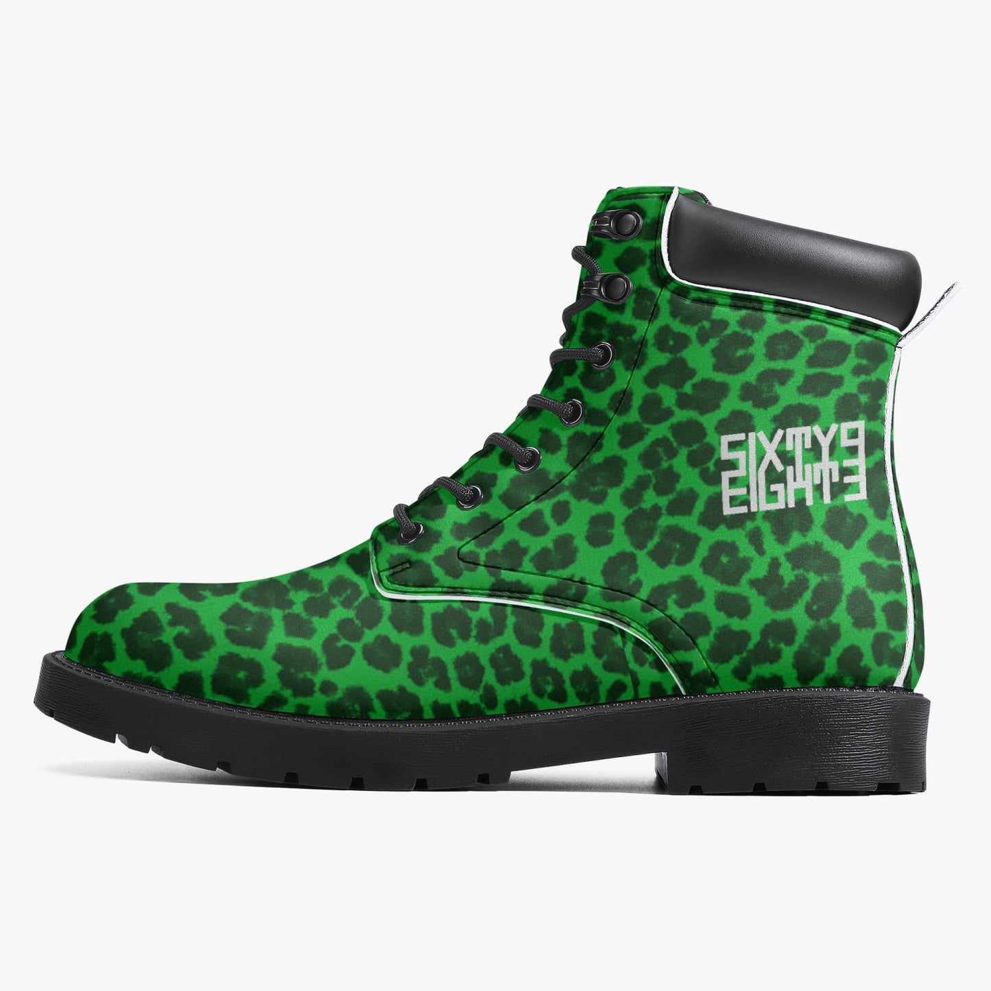 Sixty Eight 93 Logo White Cheetah Lime Green Leather Boots