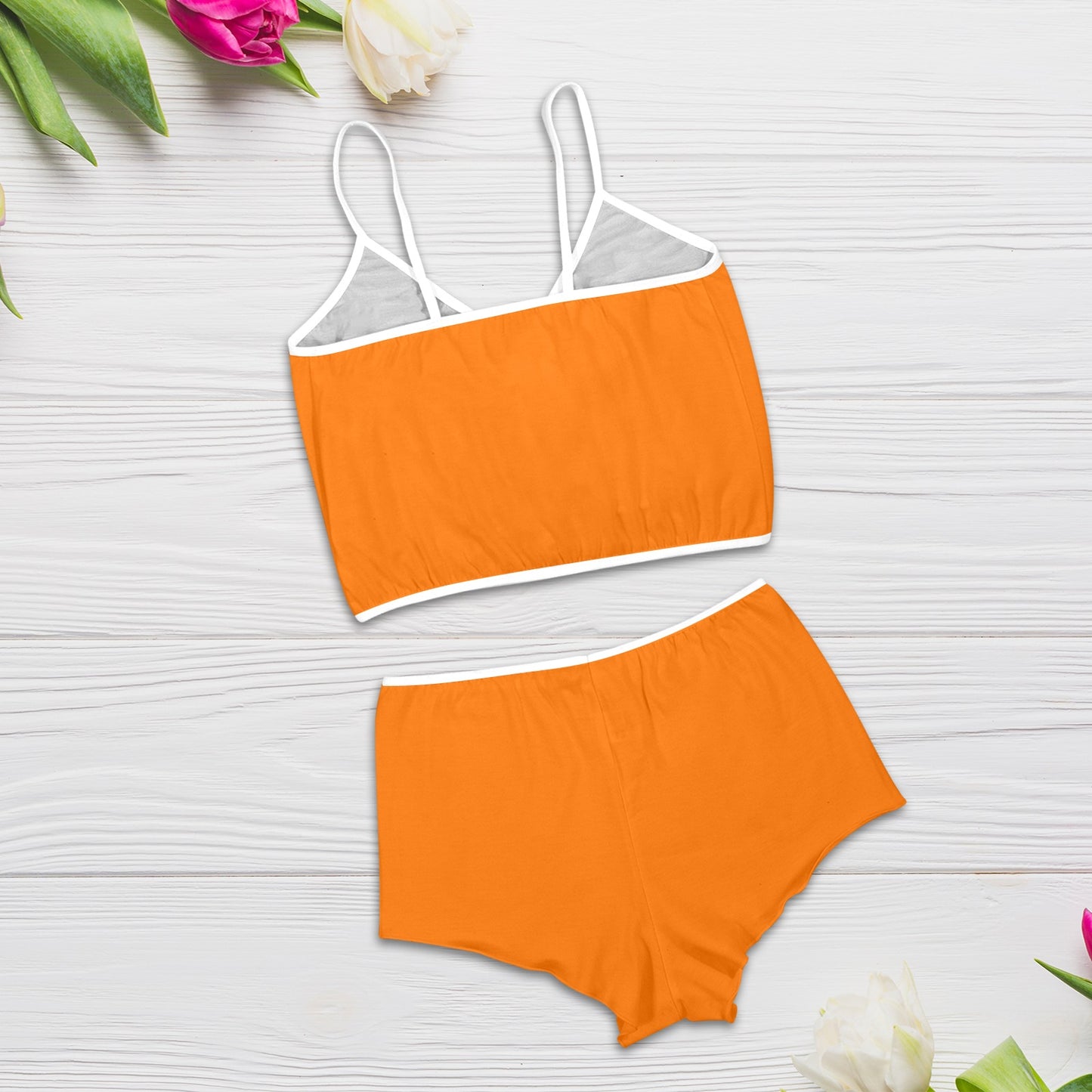 Sixty Eight 93 Logo White Orange Women's Rose Button Crop Cami Pajama Set