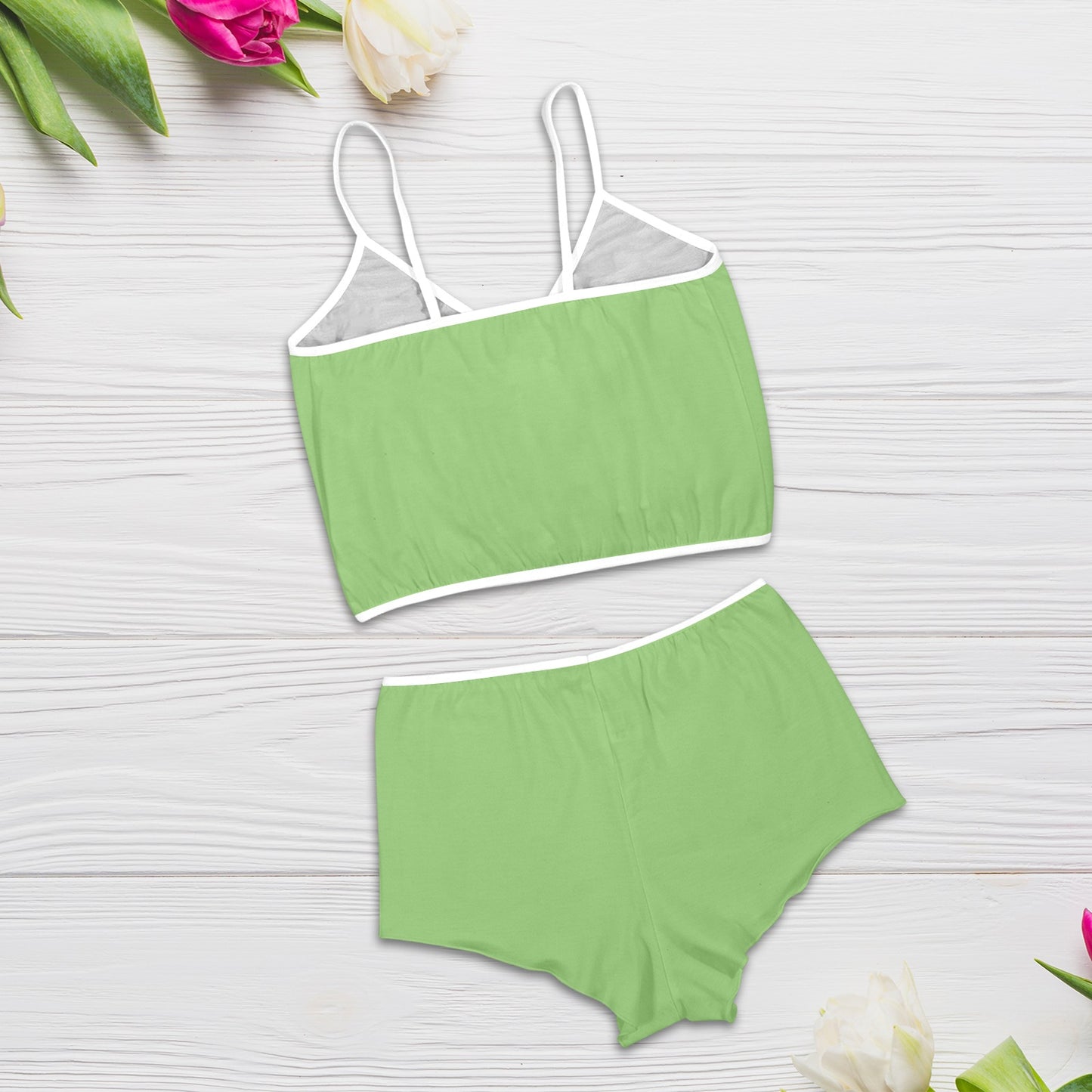 Sixty Eight 93 Logo White Pistachio Women's Rose Button Crop Cami Pajama Set