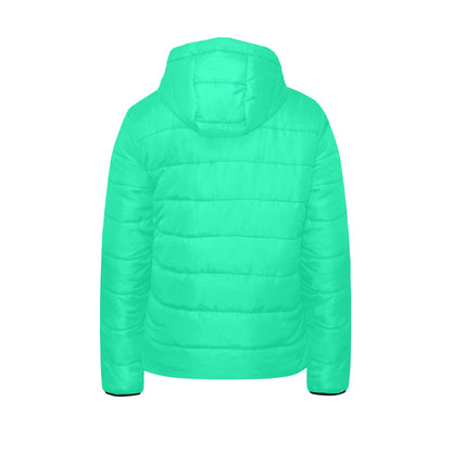 Sixty Eight 93 Logo White Sea Green Girl's Hooded Long Sleeve Cotton Padded Jacket