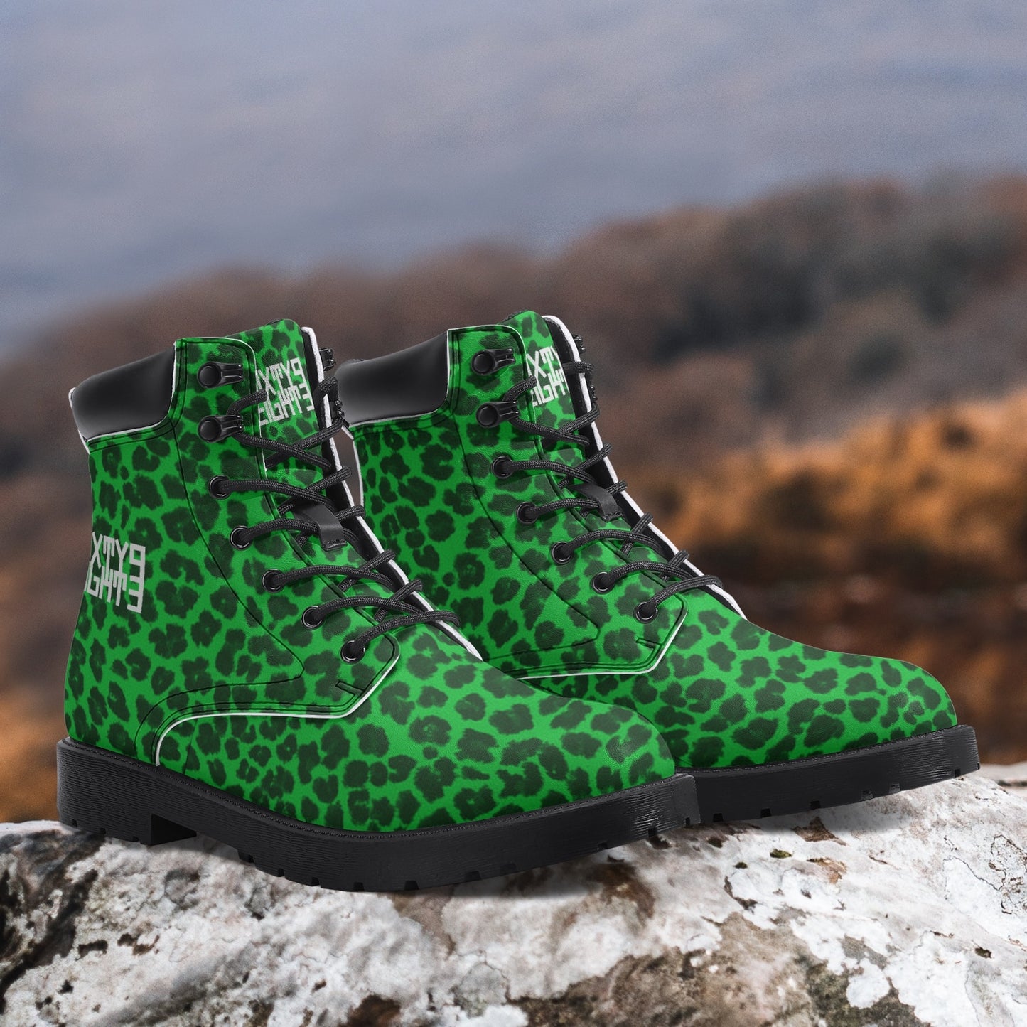 Sixty Eight 93 Logo White Cheetah Lime Green Leather Boots