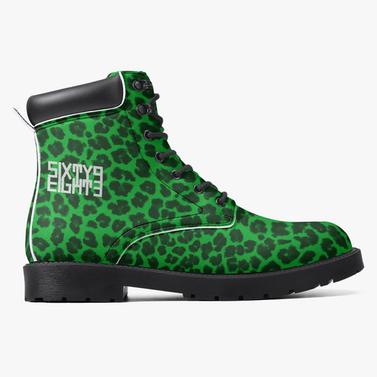 Sixty Eight 93 Logo White Cheetah Lime Green Leather Boots