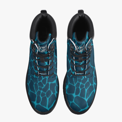 Sixty Eight 93 Logo White Boa Dark Teal Aqua Blue Leather Boots