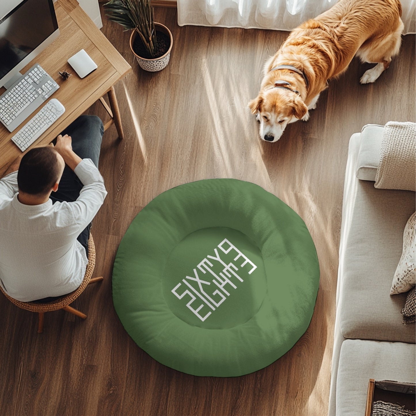 Sixty Eight 93 Logo White Forest Green Round Large Size Pet Bed