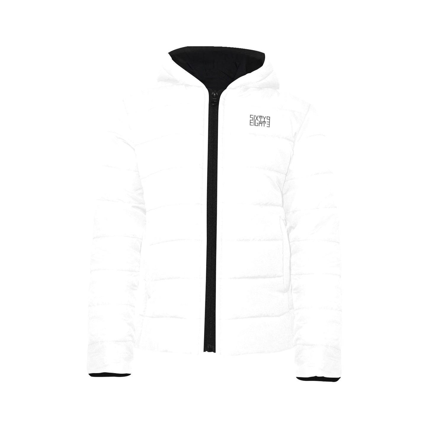 Sixty Eight 93 Logo Black White Girl's Hooded Long Sleeve Cotton Padded Jacket