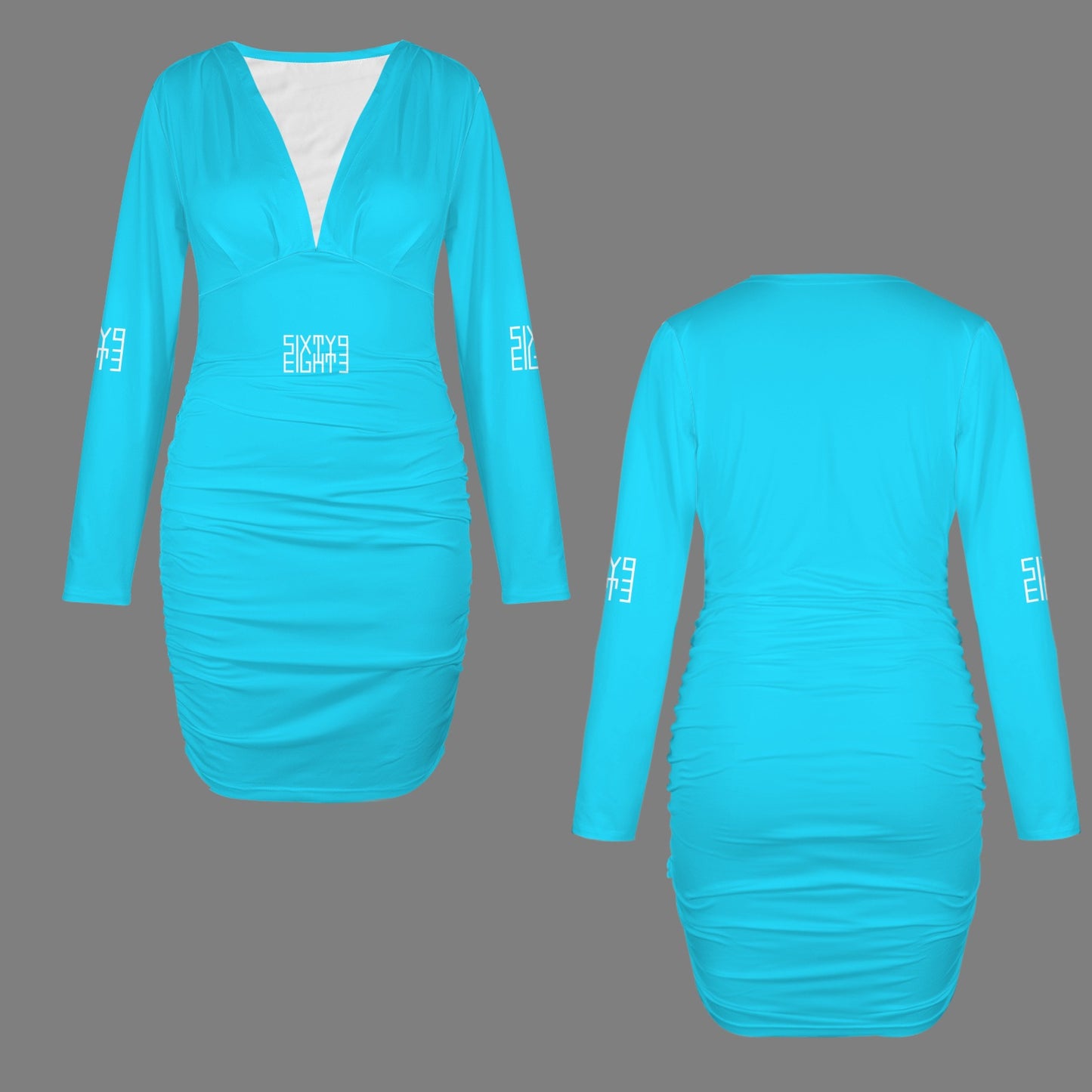 Sixty Eight 93 Logo White Aqua Blue Long Sleeve Deep V-Neck Ruched Bodycon Dress