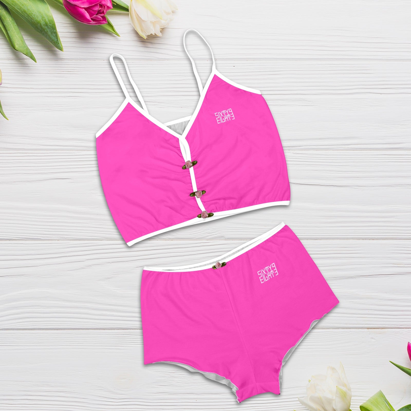 Sixty Eight 93 Logo White Fuchsia Women's Rose Button Crop Cami Pajama Set