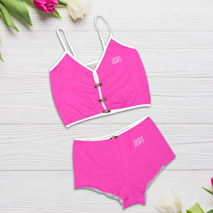 Sixty Eight 93 Logo White Fuchsia Women's Rose Button Crop Cami Pajama Set