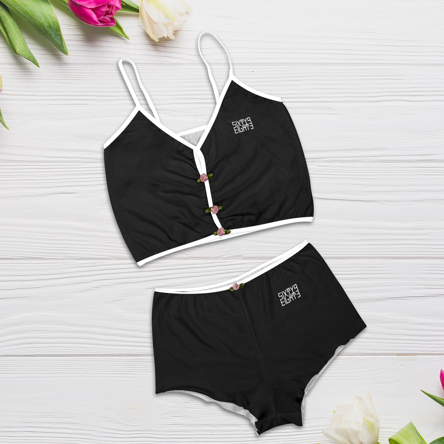 Sixty Eight 93 Logo White Black Women's Rose Button Crop Cami Pajama Set