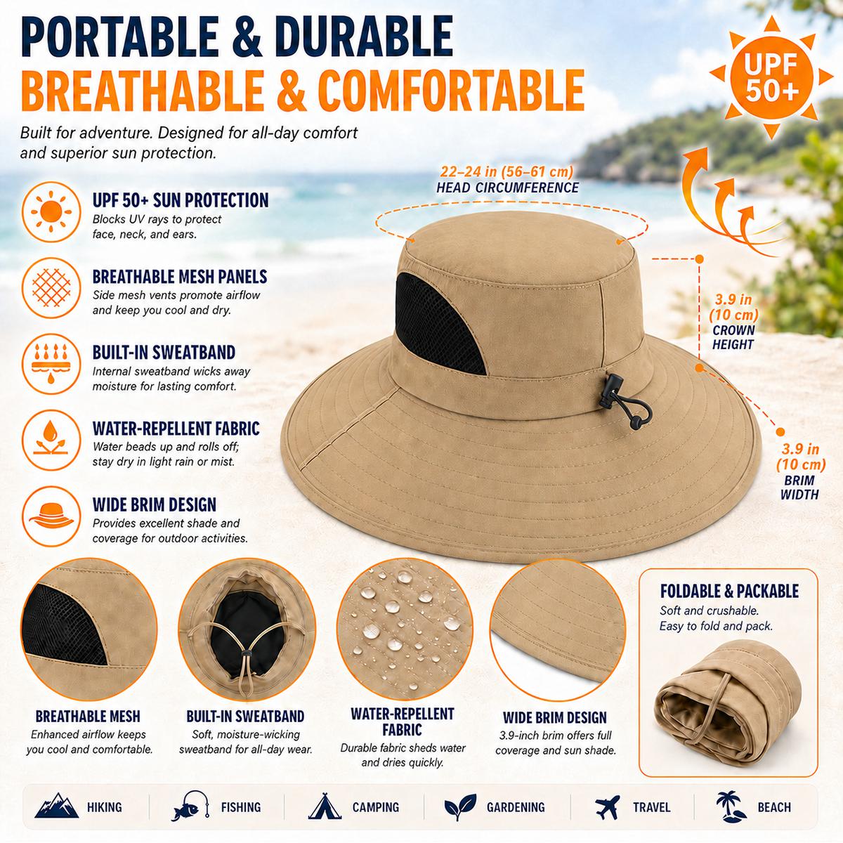 Sixty Eight 93 Logo White UPF 50+ Wide Brim Outdoor Sun Hat