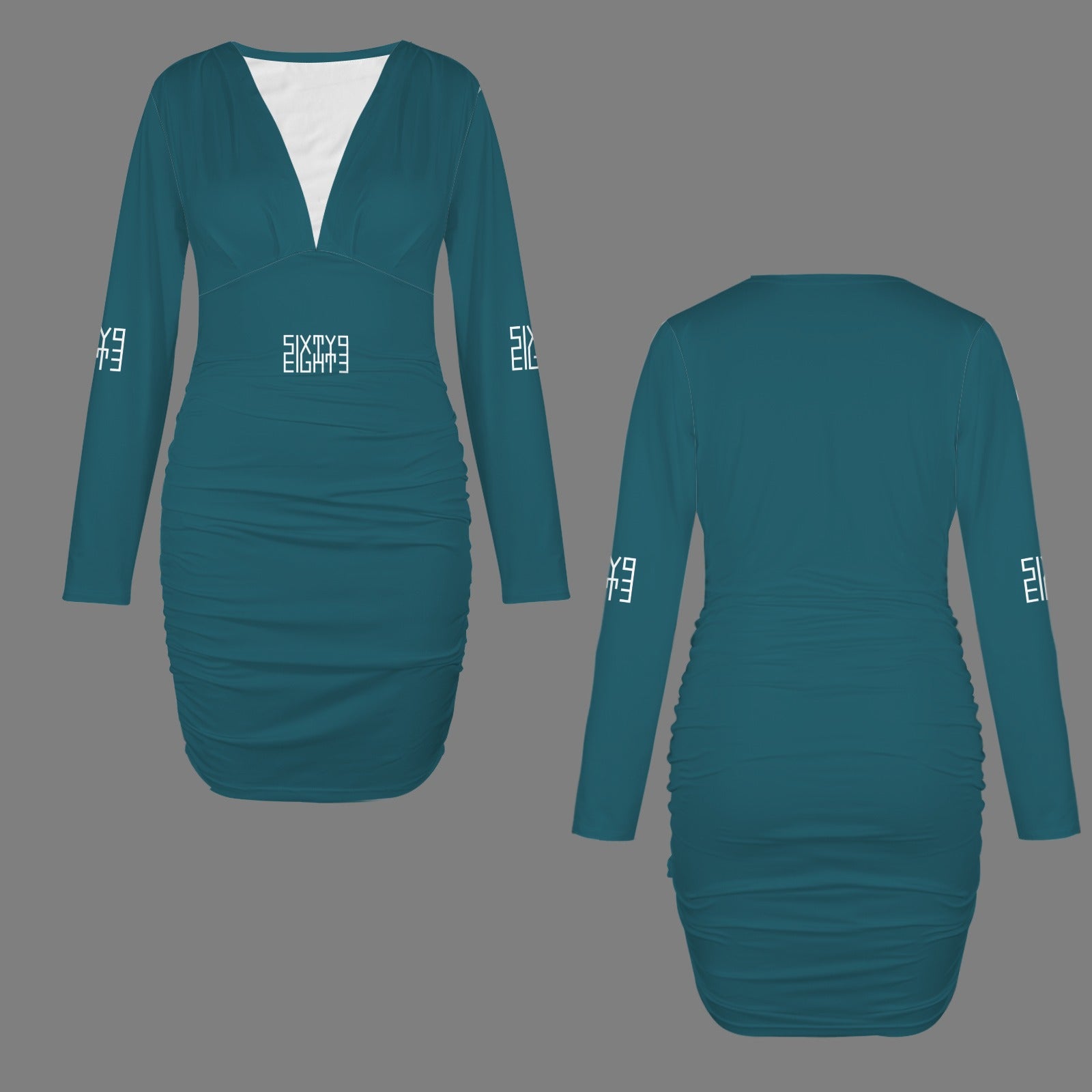 Sixty Eight 93 Logo White Dark Teal Long Sleeve Deep V-Neck Ruched Bodycon Dress