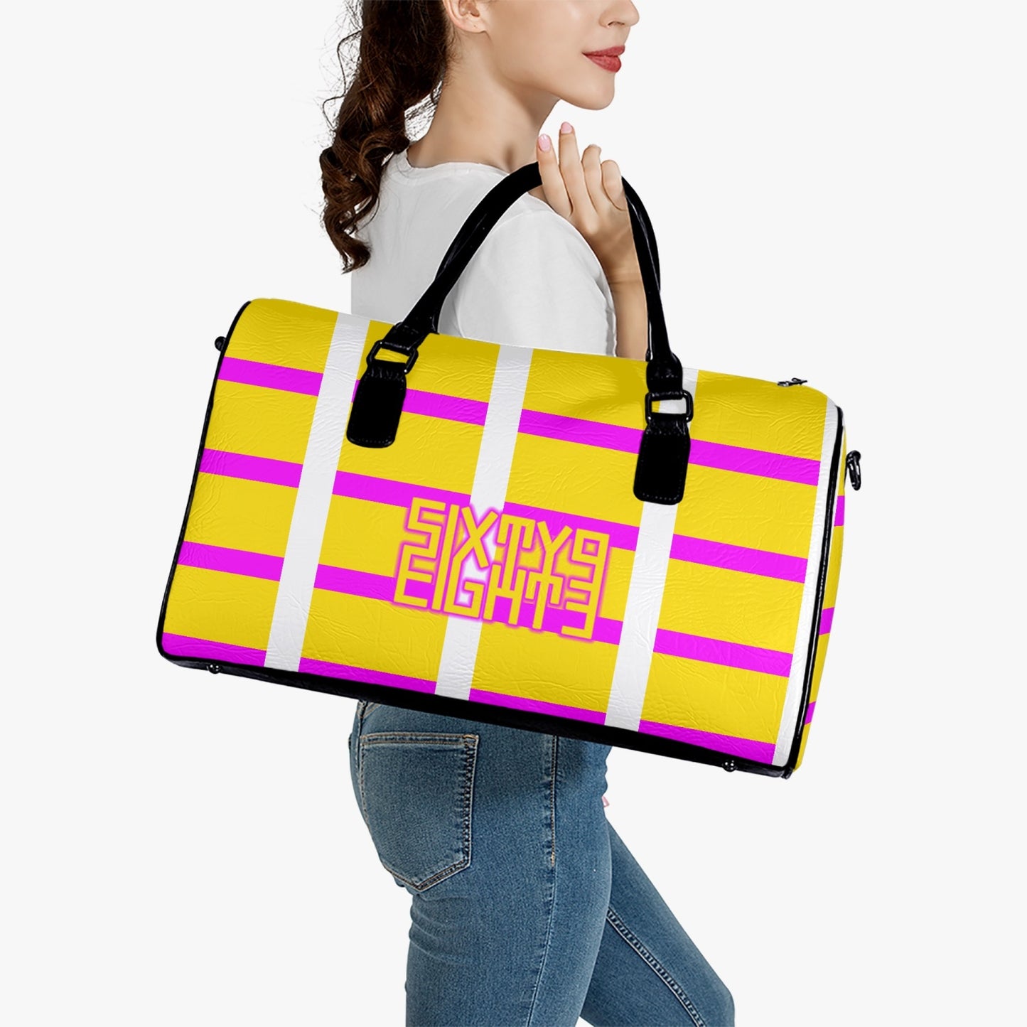 Sixty Eight 93 Logo Yellow & Pink Pattern YPW Leather Portable Travel Bag