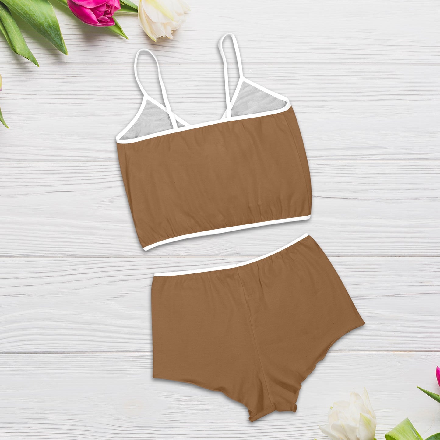 Sixty Eight 93 Logo White Chocolate Brown Women's Rose Button Crop Cami Pajama Set